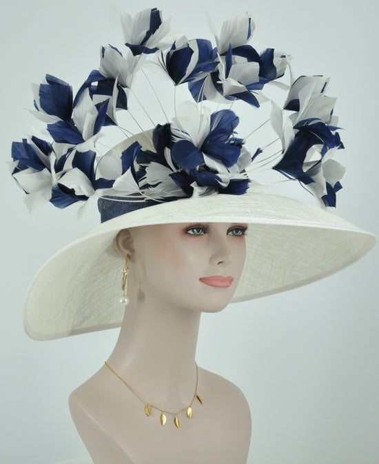 Sinamay Kentucky Derby Hat: White Wide Brim with Navy Feather Flowers