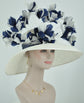 Sinamay Kentucky Derby Hat: White Wide Brim with Navy Feather Flowers
