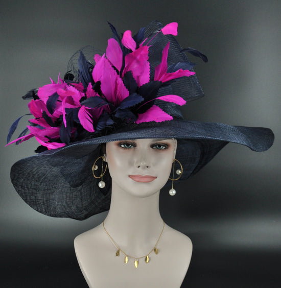 Wide Brim Kentucky Derby Hat, Ascot Hat for Wedding & Tea Party, Garden Party Hat, Mother of the Bride, Church Navy Blue Fuchsia Pink