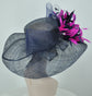 Navy Sinamay Derby Hat: Hot Pink Feather Flower, Jumbo Bows