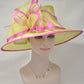 Lime Green Sinamay Kentucky Derby Hat: Hot Pink Feather Flower Wide Brim
