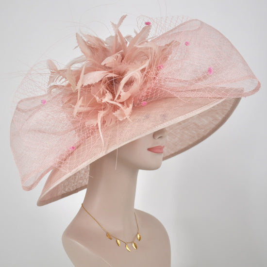 Dusty Pink Feather Flower Derby Hat: Jumbo Bow Tea Party Hat