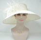 Ivory Feather Flower Derby Hat, Wide Brim Sinamay Ascot Hat