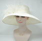 Ivory Feather Flower Derby Hat, Wide Brim Sinamay Ascot Hat
