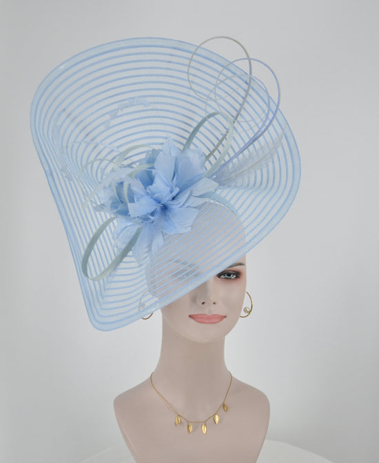 Wide Brim Kentucky Derby Fascinator Hat, Ascot Hat for Wedding & Tea Party, Garden Party Hat, Mother of the Bride, Church Powder Blue