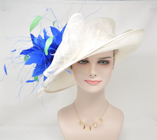 Wide Brim Sinamay Derby Hat: White & Royal Blue Floral Millinery