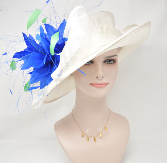 Wide Brim Kentucky Derby Hat, Ascot Hat for WRding & Tea Party,Garden Party Hat,Mother of the Bride,Church Off White /Ivory Royal Blue Green