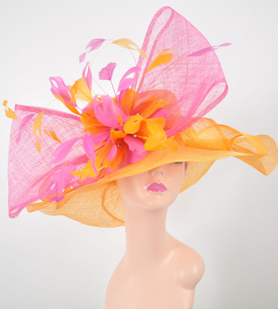 Orange Sinamay Derby Hat: Hot Pink Feather Flower, Wide Brim