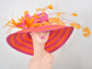 Orange & Hot Pink Feather Flower Derby Hat: Wide Brim Sinamay Straw Tea Party Hat
