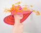 Orange & Hot Pink Feather Flower Derby Hat: Wide Brim Sinamay Straw Tea Party Hat