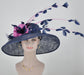 Navy Blue Sinamay Kentucky Derby Hat: Hot Pink Feather Flowers