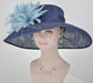 Navy w Powder Blue Feather Flowers Kentucky Derby Hat,Tea Party Carriage Party  Royal AscotWide Brim  Sinamay Hat