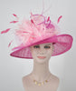 Hot Pink W Pink Feather Flower Wide Brim Kentucky Derby Hat,Ascot Hat for Wedding & Tea Party, Garden Party Hat, Mother of the Bride, Church