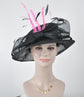 Wide Brim Black Sinamay Derby Hat: Pink Feather Church Millinery