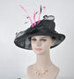 Wide Brim Black Sinamay Derby Hat: Pink Feather Church Millinery