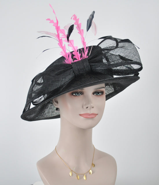 Wide Brim Black Sinamay Derby Hat: Pink Feather Church Millinery