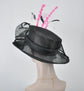 Wide Brim Black Sinamay Derby Hat: Pink Feather Church Millinery