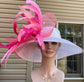Wide Brim Kentucky Derby Hat, Ascot Hat for Wedding & Tea Party, Garden Party Hat, Mother of the Bride, Church-White Fuchsia Pink Peach