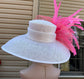 Wide Brim Kentucky Derby Hat, Ascot Hat for Wedding & Tea Party, Garden Party Hat, Mother of the Bride, Church-White Fuchsia Pink Peach