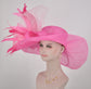 Hot Pink /Fuchsia/Pink/Green Jumbo Bow and Feather Flowers Kentucky Derby Hat,  Tea Party Hat Wide Brim Sinamay Hat