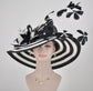 Black & White Feather Flower Derby Hat: Wide Brim Sinamay