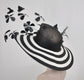 Black & White Feather Flower Derby Hat: Wide Brim Sinamay