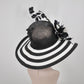 Black & White Feather Flower Derby Hat: Wide Brim Sinamay