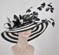 Black & White Feather Flower Derby Hat: Wide Brim Sinamay