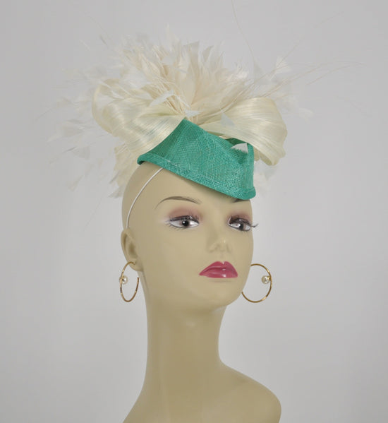 Turquoise Sinamay Kentucky Derby Fascinator: Ivory Flowers, Silk Bow