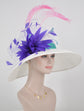 White Kentucky Derby Hat: Purple Feather Flower Tea Party Hat