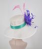 White Derby Hat: Purple Feather Flower Tea Party Hat