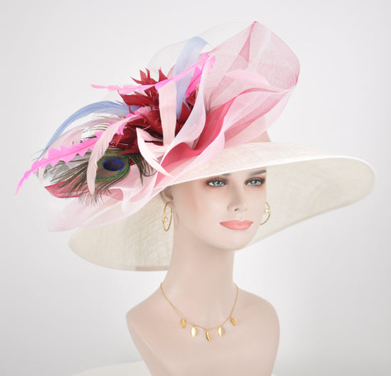 Wide Brim Sinamay Derby Hat: White Feather Flower, Peacock Accents