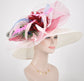 Wide Brim Sinamay Derby Hat: White Feather Flower, Peacock Accents