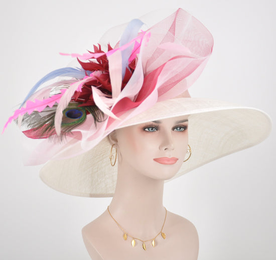 Wide Brim Sinamay Derby Hat: White Feather Flower, Peacock Accents
