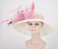 Wide Brim Sinamay Derby Hat: White Feather Flower, Peacock Accents