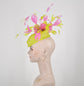 Lime Green Sinamay Kentucky Derby Fascinator Hat with Hot Pink Flowers