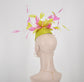Lime Green Sinamay Kentucky Derby Fascinator Hat with Hot Pink Flowers