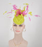 Lime Green Sinamay Kentucky Derby Fascinator Hat with Hot Pink Flowers