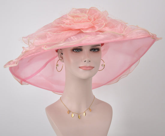 Pink Organza Derby Hat: Wide Brim Wedding Tea Party Hat