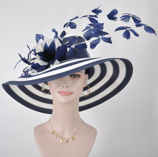 Navy Blue Derby Hat: Wide Brim Sinamay Straw Hat