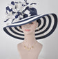 Wide Brim Kentucky Derby Hat, Ascot Hat for Wedding & Tea Party, Garden Party Hat, Mother of the Bride, Church Navy Blue White