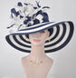 Navy Blue w White Feather Flowers Kentucky Derby Hat, Tea Party Hat Wide Brim  Sinamay W Straw Hat