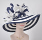 Wide Brim Kentucky Derby Hat, Ascot Hat for Wedding & Tea Party, Garden Party Hat, Mother of the Bride, Church Navy Blue White