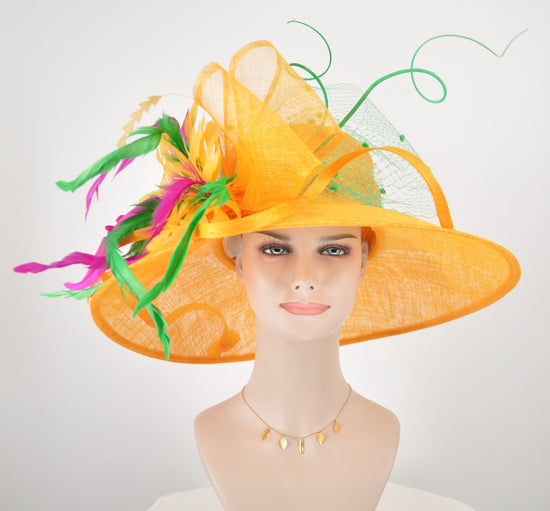 Orange Sinamay Kentucky Derby Hat, Wide Brim Feather Flower Church Hat