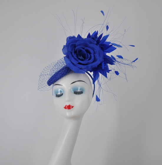 Royal Blue Sinamay Fascinator Hat: Silk Flower & Feather Kentucky Derby Headband