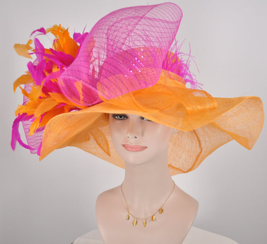 Orange Sinamay Derby Hat: Hot Pink Bow & Feather Flowers