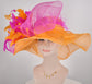 Orange Sinamay Kentucky Derby Hat: Hot Pink Bow & Feather Flowers