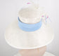 White w Colorful Feather Flowers Powder Blue Trim Kentucky Derby,Tea Party Carriage Party Royal AscotWide Brim Sinamay Hat