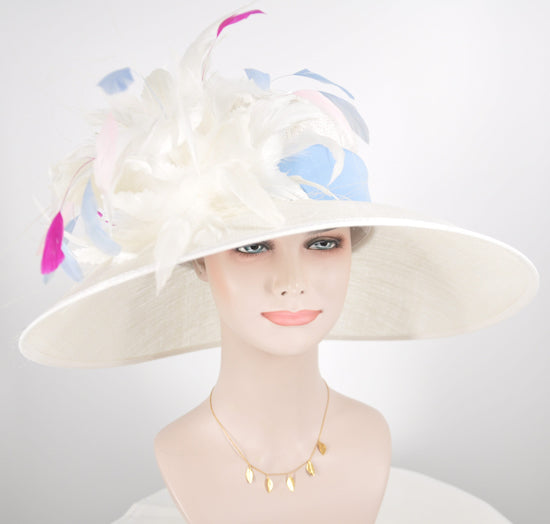White w Colorful Feather Flowers Powder Blue Trim Kentucky Derby,Tea Party Carriage Party Royal AscotWide Brim Sinamay Hat