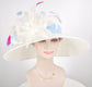 White w Colorful Feather Flowers Powder Blue Trim Kentucky Derby,Tea Party Carriage Party Royal AscotWide Brim Sinamay Hat